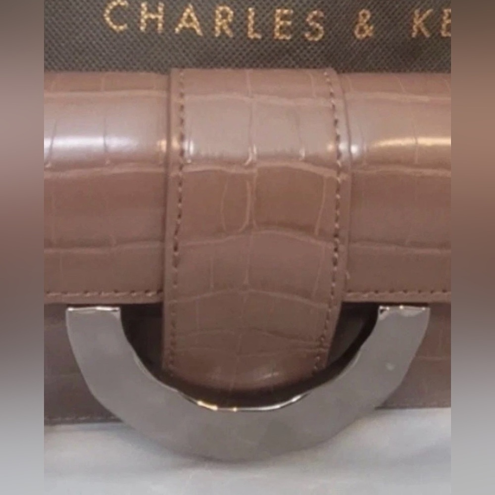 Charles & Keith Croc-Embossed Crossbody Bag in Brown Faux Leather & Dust Bag - Picture 14 of 16